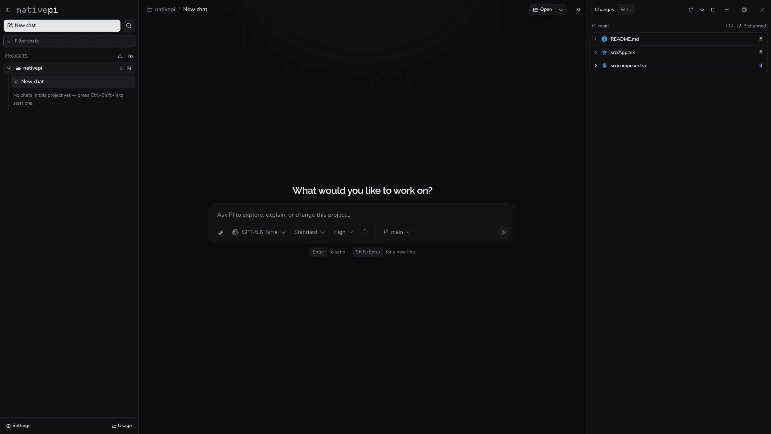 The NativePi window: a project sidebar, a new-chat composer with model and branch controls, and a Changes pane listing modified files.